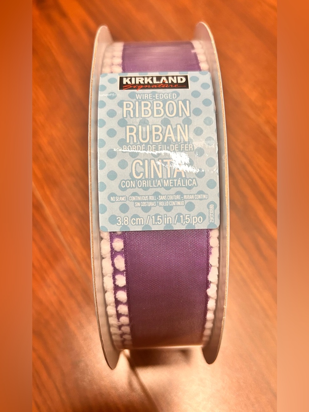 Kirkland Signature Purple Wire-Edged Ribbon with White Pom Trim 1.5 inches,50 yd